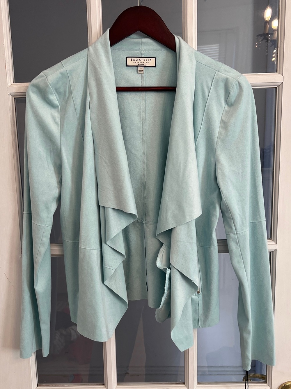 BAGATELLE COLLECTION Women’s Blue Faux Suede Waterfall Drape Moto Jacket S NWT
